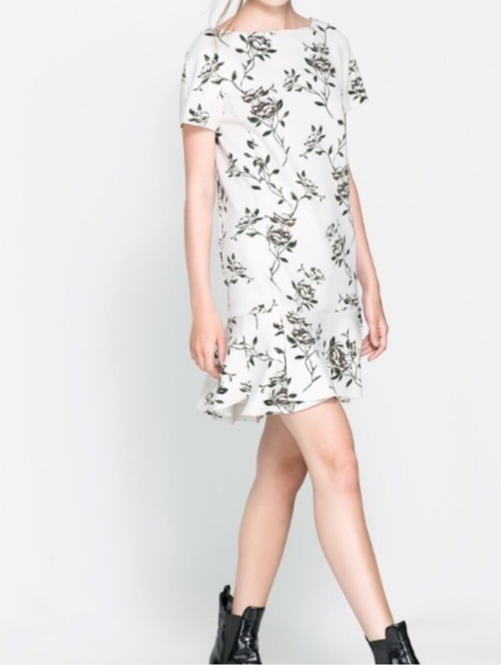 Zara White Mini Dress with Black Floral Print
